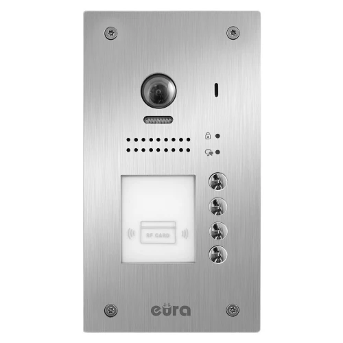 External modular cassette of the EURA VDA-86A5 2EASY video intercom, flush-mounted, 4-apartment fisheye with proximity card function.