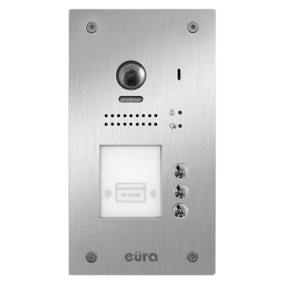 External cassette of the EURA VDA-91A5 "2EASY" intercom, 3-apartment, flush-mounted, with proximity card function.