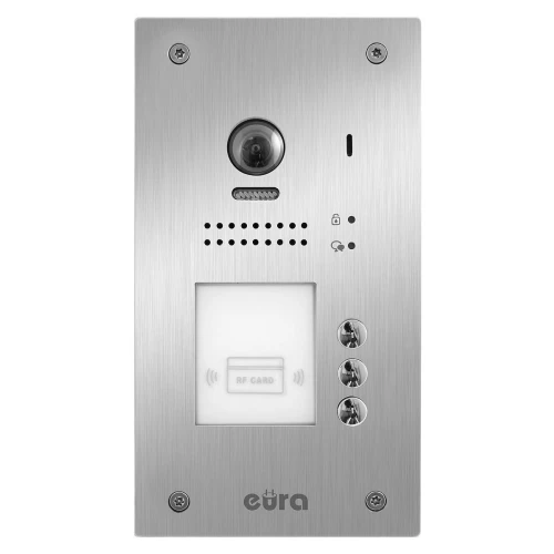 External cassette of the EURA VDA-91A5 "2EASY" intercom, 3-apartment, flush-mounted, with proximity card function.