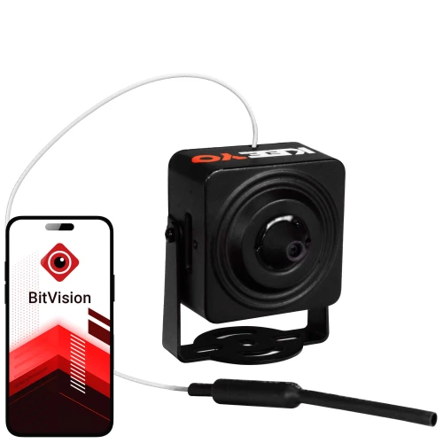 A compact black pinhole camera is shown alongside a smartphone displaying the BitVision app interface. The camera features a sleek design with a small lens and a connected cable for discreet surveillance.