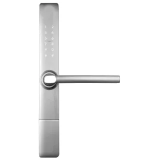 Silver narrow-profile door handle with integrated access control keypad featuring a sleek, modern design. The keypad includes numbers and symbols for secure entry, enhancing both functionality and style.