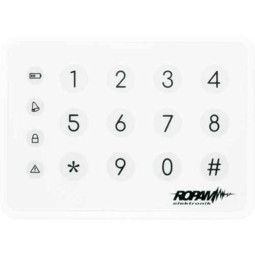 A sleek, white touch keypad featuring numeric buttons and symbols for security system control. The design includes icons for battery, lock, and alert functions, with the Ropam Elektronik logo at the bottom.
