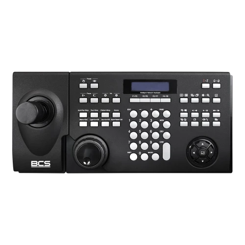 The image shows a black network keyboard with a joystick and multiple control buttons, designed for security system management. It features a digital display and an ergonomic layout for efficient navigation and operation.