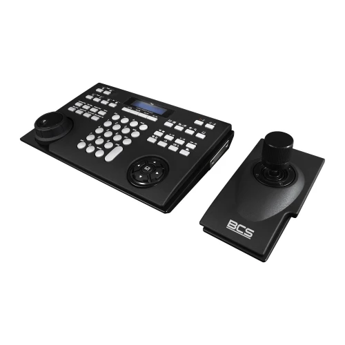 A black network keyboard with multiple buttons and a small display screen, designed for security system control. It includes a separate joystick module for enhanced navigation and functionality.
