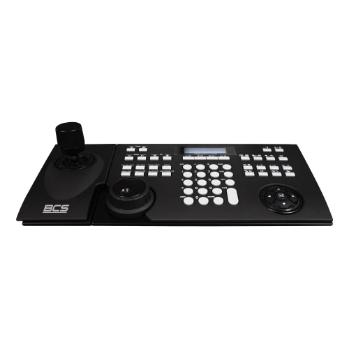 A black network keyboard with multiple white buttons, a joystick, and a control knob designed for security system management. The device features an LCD screen for easy navigation and monitoring.