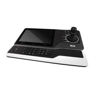 A sleek black and white control keyboard with a built-in touchscreen and joystick, designed for managing DVR systems. The device features a compact layout with additional buttons for efficient navigation and operation.