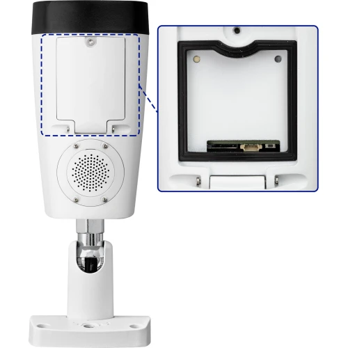 A white, wall-mounted device with a black top features a speaker grille and a removable panel, revealing an internal compartment. The inset image highlights the compartment's interior, showcasing a slot for additional components.