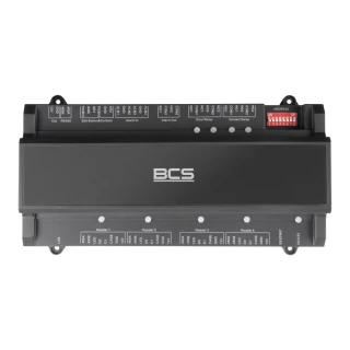 A black access control panel with multiple labeled ports and a central BCS logo is displayed. The device features various connection points for integration with security systems.