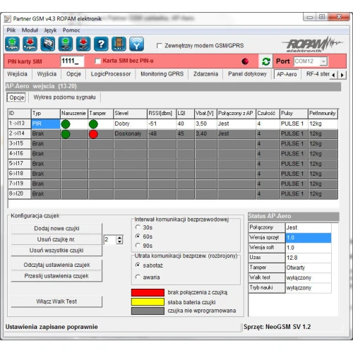 Screenshot of the ROPAM Partner GSM software interface displaying signal strength levels and configuration settings for a GSM access point controller. The interface includes tabs for inputs, outputs, and settings, with detailed signal and communication status indicators.