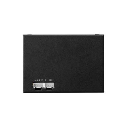 A black rectangular RS485 signal converter with labeled connection ports is shown. The device features a simple design with ports for A, B, 12V, and digital outputs DO0 and DO1.