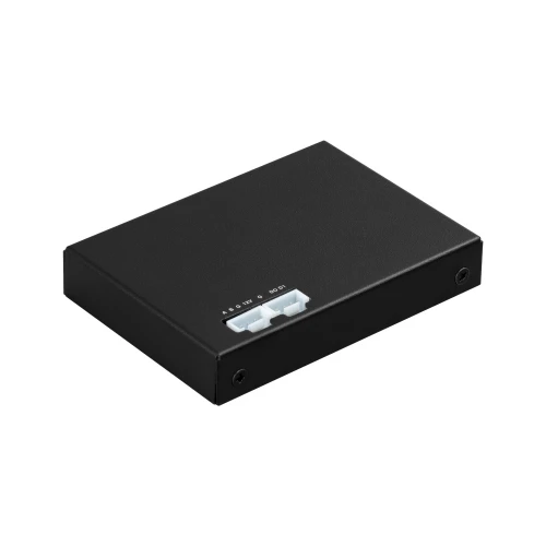 A sleek black RS485 signal converter with a compact rectangular design and minimalistic interface. The device features a simple switch on the top surface for easy operation.