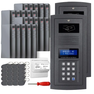 The image shows a complete intercom system set, including two sleek black panels with keypads and digital displays, multiple key fobs, and a screwdriver. The set also includes several gray modules and a power supply unit, designed for secure and efficient access control.