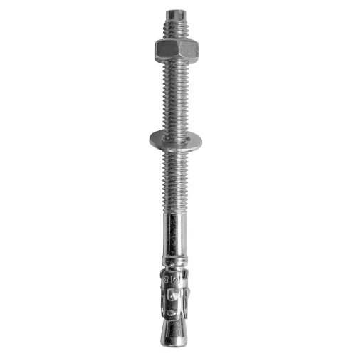Steel concrete anchor with a threaded bolt, washer, and nut, designed for secure fastening in concrete surfaces. The anchor features a durable, corrosion-resistant finish suitable for heavy-duty applications.