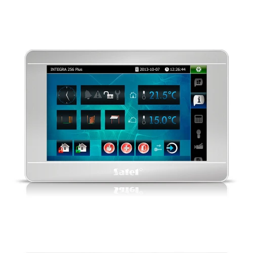 A sleek, modern touchscreen control panel with a silver frame displays various home automation icons and temperature settings. The interface shows options for managing security, climate, and other smart home features.