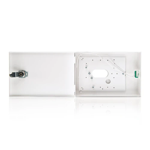 White metal surface-mounted enclosure with a hinged door and lock mechanism, designed for secure housing of electronic components. The interior features pre-drilled holes for easy installation and cable management.