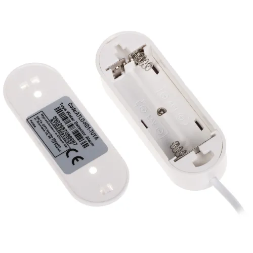 The image shows a white plastic battery holder designed to accommodate two AAA batteries, featuring metal contacts and a connected wire for power transmission. The detachable cover includes a label with technical specifications and certification markings.