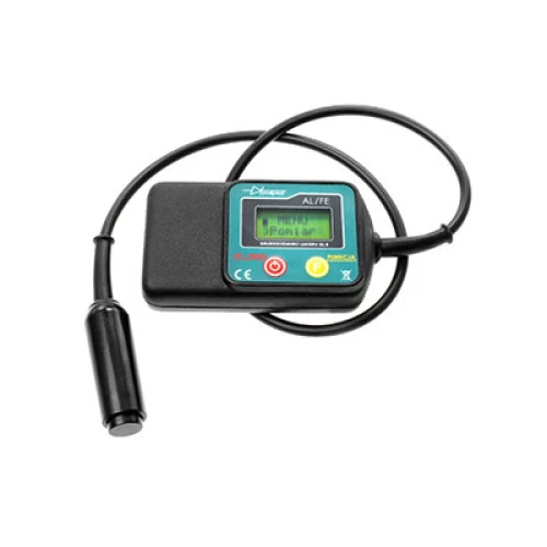 Digital paint thickness gauge with a compact design features a clear LCD screen and a connected probe for precise measurements. The device is equipped with user-friendly buttons and indicators for easy operation.