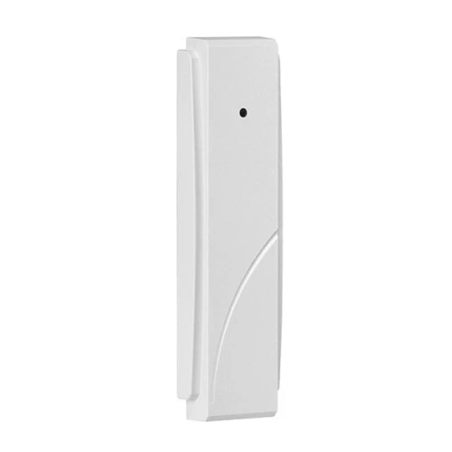 A sleek, white rectangular microphone with a minimalist design and a small circular opening near the top. The microphone features subtle curved lines on its surface, adding a touch of elegance.