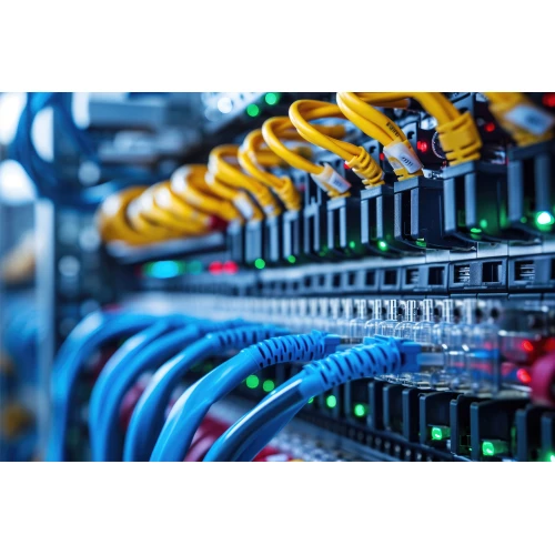 The image shows a network server rack filled with various colored Ethernet cables connected to multiple ports, indicating a complex and organized data management system. The blue and yellow cables are prominently featured, highlighting their role in facilitating high-speed internet connectivity.