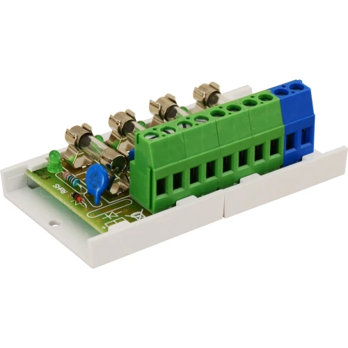 The image shows a modular fuse block with a green and blue terminal block design, mounted on a white base. It features multiple fuse holders and connection points for electrical wiring applications.