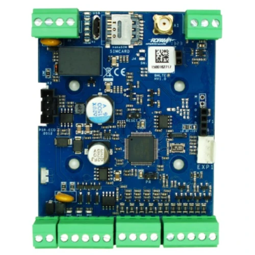 The image shows a Ropam communication module featuring multiple green terminal blocks for connectivity and a blue circuit board with various electronic components. It includes a SIM card slot and USB port, designed for integration into security and automation systems.