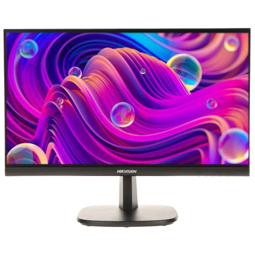 A sleek Hikvision monitor with a vibrant, colorful display featuring abstract waves and bubbles. The monitor has a thin bezel and a sturdy stand, ideal for modern workspaces.