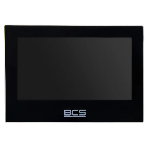 A sleek black video intercom monitor with a wide screen and the BCS logo prominently displayed at the bottom. The minimalist design features a glossy finish, enhancing its modern aesthetic.