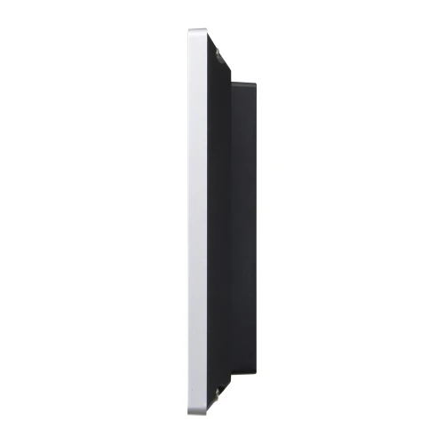 The image shows a sleek, wall-mounted video intercom monitor with a slim profile and minimalist design. The device features a black and silver color scheme, emphasizing its modern aesthetic.