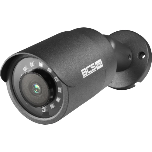 A sleek, black security camera with a cylindrical design and visible infrared LEDs encircling the lens. The camera is mounted on a sturdy bracket, suitable for outdoor surveillance.