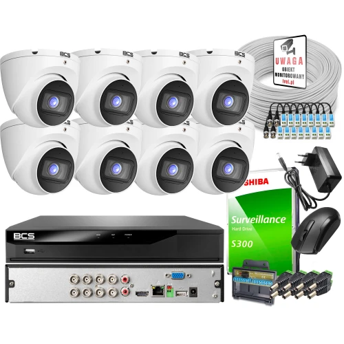The image shows a comprehensive surveillance system package, including eight dome cameras, a DVR, a surveillance hard drive, cables, connectors, and a power adapter. The set is designed for high-resolution monitoring and includes all necessary components for installation.