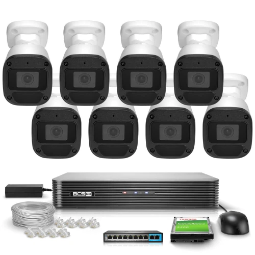 The image shows a complete surveillance system featuring eight black and white security cameras, a central recording unit, and various accessories including cables and connectors. This setup is designed for comprehensive monitoring, providing high-definition video capture and storage capabilities.