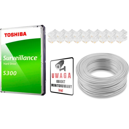 The image features a Toshiba S300 Surveillance Hard Drive alongside a coil of white cable and a set of RJ45 connectors, ideal for setting up a comprehensive security system. A warning sign indicating monitored premises is also included, emphasizing the focus on surveillance solutions.