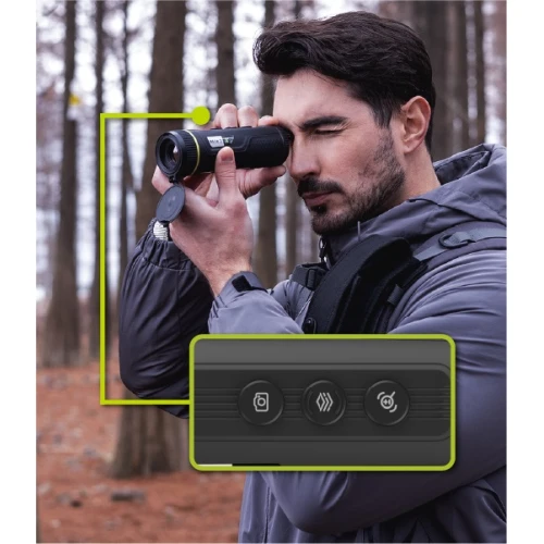 A person is using a thermal monocular in a forest setting, highlighting its portability and ease of use. The image also features a close-up of the device's interface, showcasing its camera, thermal, and settings buttons.