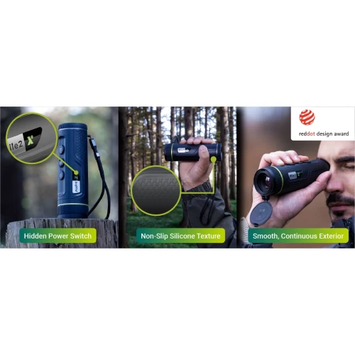 A thermal monocular with a sleek, smooth exterior and a hidden power switch is shown, featuring a non-slip silicone texture for secure handling. The device is being used outdoors, highlighting its portability and ergonomic design, and it has received a design award.