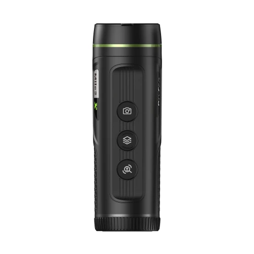 A sleek black thermal monocular with a cylindrical design features three prominent buttons for easy operation. The device is accented with a subtle green ring near the top, enhancing its modern aesthetic.
