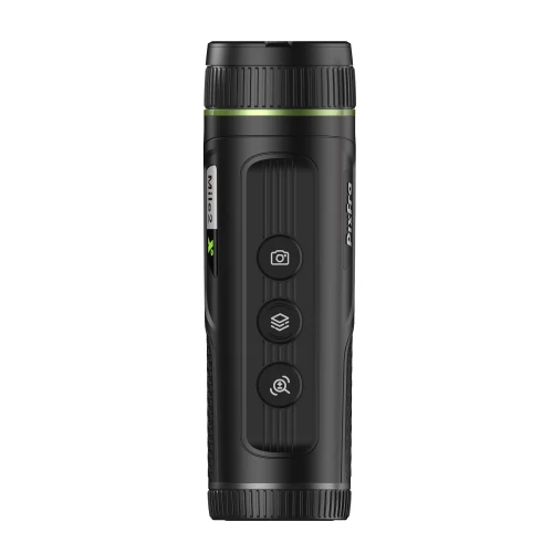 A sleek black thermal monocular with a textured grip and three prominent buttons for easy operation. The device features a compact design with green accents and a camera icon on the central button.