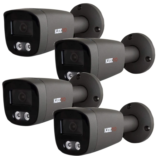 Four sleek, black bullet cameras with a modern design are arranged in a multipack. Each camera features dual LED lights and a sturdy mounting bracket for easy installation.