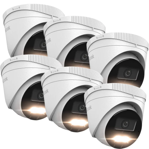 The image shows a multipack of six white dome-shaped IP security cameras with built-in LED lights. Each camera features a sleek design suitable for both indoor and outdoor surveillance.