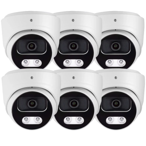Six white dome security cameras are arranged in two rows, each featuring a sleek black face with dual LED lights. The cameras are designed for surveillance, offering a modern and compact appearance suitable for various security needs.