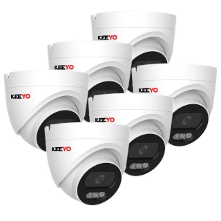 Six white dome security cameras with black accents are arranged in a cluster, each featuring the KeeYo logo. The cameras are designed for surveillance, equipped with multiple lenses and infrared lights for enhanced night vision.