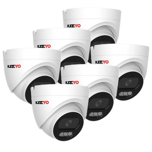 Six white dome security cameras with black accents are arranged in a cluster, each featuring the KeeYo logo. The cameras are designed for surveillance, equipped with multiple lenses and infrared lights for enhanced night vision.