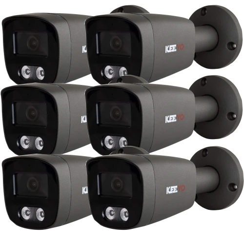 Six sleek, black bullet security cameras are arranged in two rows, each featuring dual LED lights and a compact design. The cameras are designed for outdoor surveillance, providing high-quality video monitoring.
