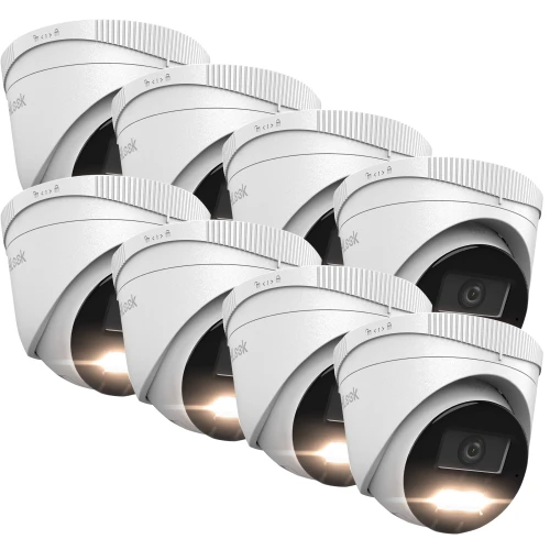 A multipack of eight white dome-shaped IP security cameras with LED lights is displayed. The cameras are designed for surveillance, featuring a sleek and modern design suitable for various environments.