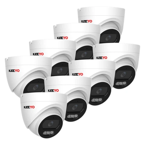 Eight white dome security cameras are arranged in a staggered formation, each featuring a sleek design with a black lens area. The cameras are branded with a red and black logo, emphasizing their modern and professional appearance.