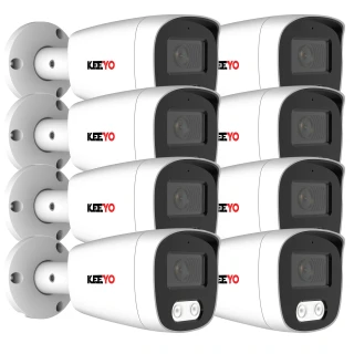 The image shows a multipack of eight white bullet security cameras with a sleek design and black accents. Each camera features a lens and infrared sensors for enhanced night vision capabilities.