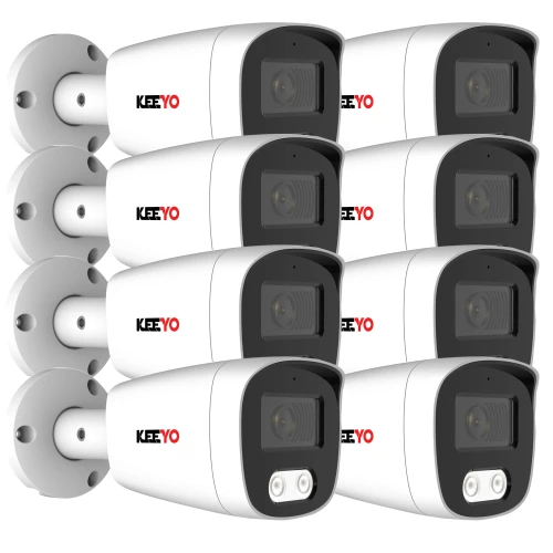 The image shows a multipack of eight white bullet security cameras with a sleek design and black accents. Each camera features a lens and infrared sensors for enhanced night vision capabilities.