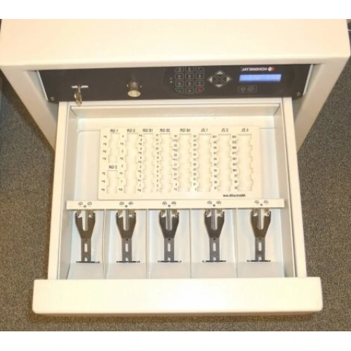 Three-drawer electronic safe with a digital keypad and secure locking mechanism. The open drawer reveals organized compartments for efficient storage and management.