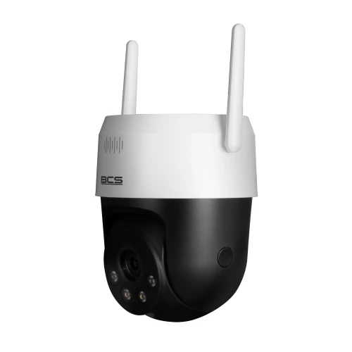 A sleek, black and white rotating Wi-Fi camera with dual antennas and multiple LED lights for enhanced surveillance. The camera features a modern design suitable for both indoor and outdoor security applications.