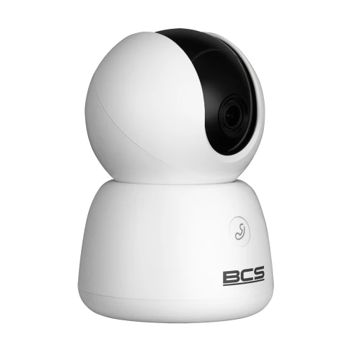 A sleek, white indoor security camera with a modern, spherical design and a black lens. The camera features a rotating mechanism for comprehensive surveillance coverage.