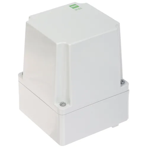 A white, square-shaped hermetic enclosure designed for industrial use, featuring a robust build with a secure lid and IP65 rating for protection against dust and water. The enclosure has a smooth finish with visible screws on the corners for easy assembly and maintenance.